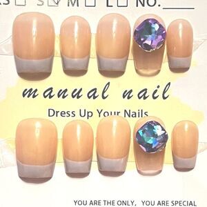 Elegant Handmade Lavender French Tip Rhinestone Press-On Nails Size Small